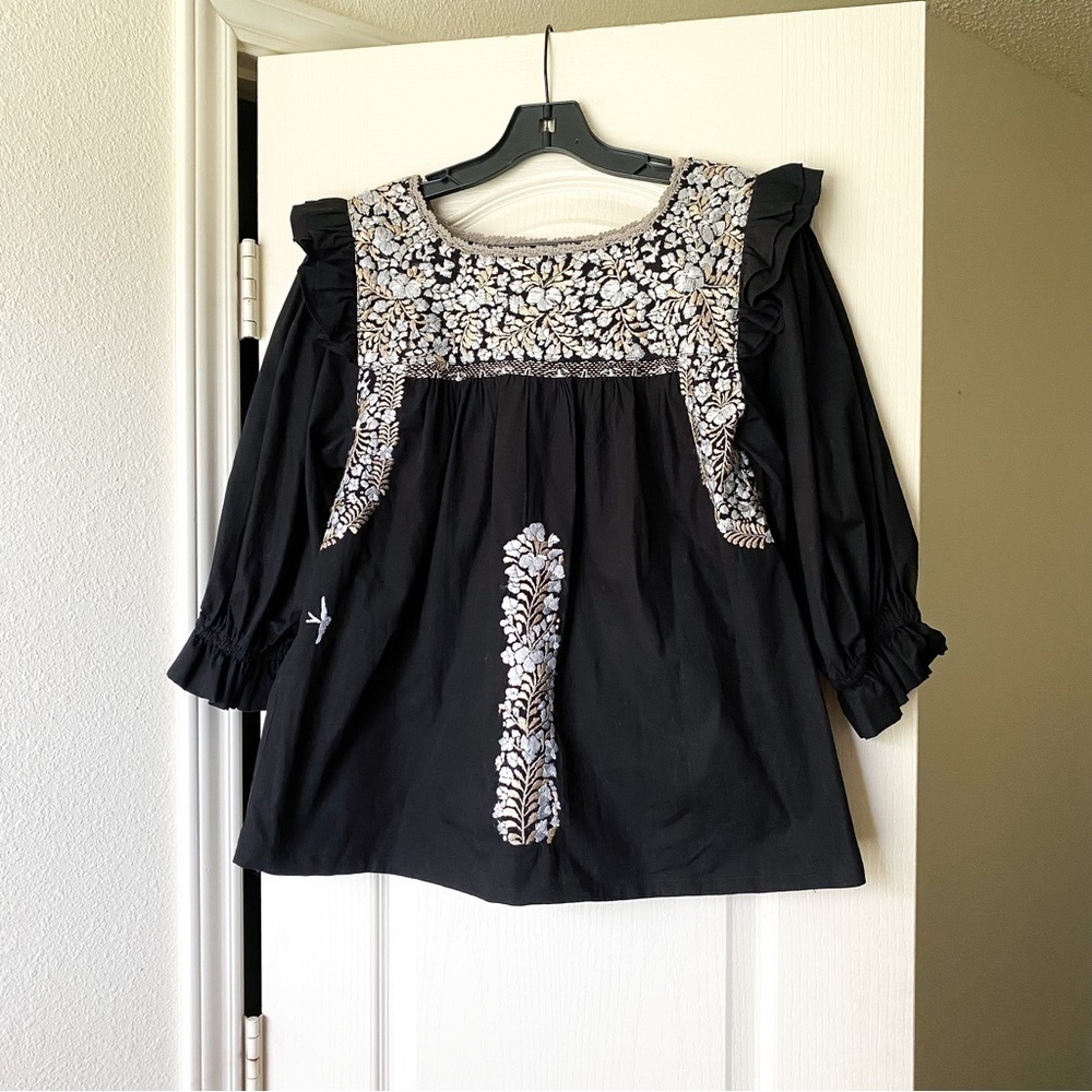 Mi Golondrina Top Fernanda Cotton Floral Embroidered Gray Night Beige Silk S GUC